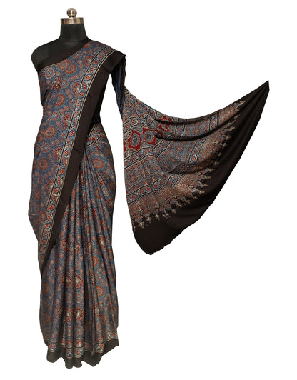 Ajrakh Modal Silk Natural Dye Hand Block Print Saree 5.5 Mtr Length + 0.85 Mtr Blouse Piece    -  SKU : ID24601K