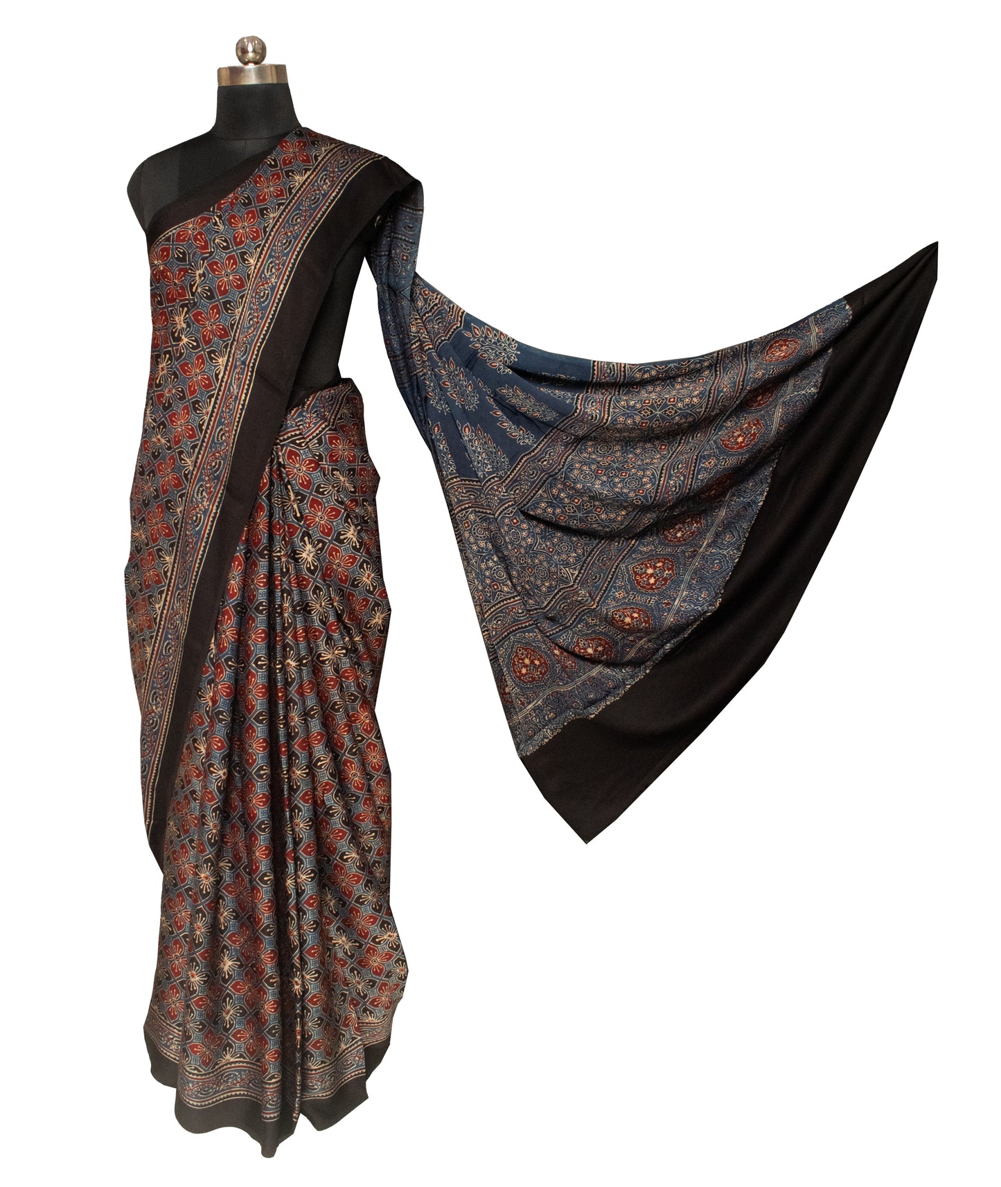 Ajrakh Modal Silk Natural Dye Hand Block Print Saree 5.5 Mtr Length + 0.85 Mtr Blouse Piece    -  SKU : ID2460AO