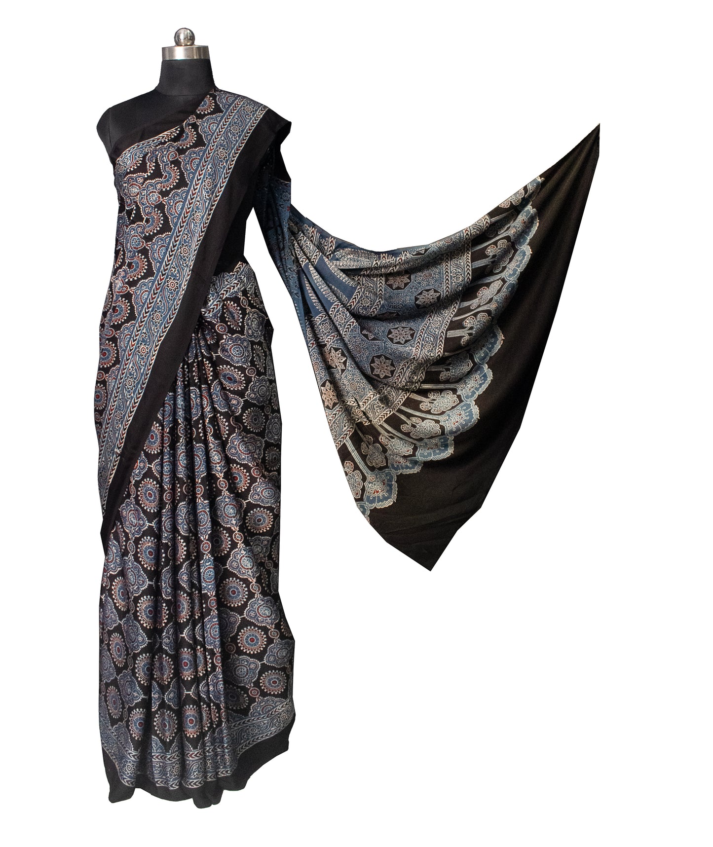 Ajrakh Modal Silk Natural Dye Hand Block Print Saree with Blouse Piece - 6 Mtr Length    -  SKU : ID2460BH