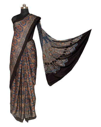 Ajrakh Modal Silk Natural Dye Hand Block Print Saree 5.5 Mtr Length + 0.85 Mtr Blouse Piece    -  SKU : ID2460BH