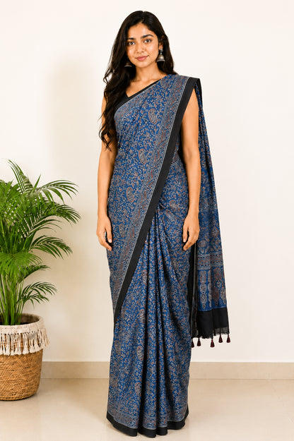 Ajrakh Modal Silk Natural Dye Hand Block Print Saree with Blouse Piece - 5.5 Mtr Length   -  SKU : MS09501B