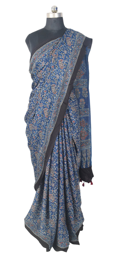 Ajrakh Modal Silk Natural Dye Hand Block Print Saree with Blouse Piece - 5.5 Mtr Length   -  SKU : MS09501B