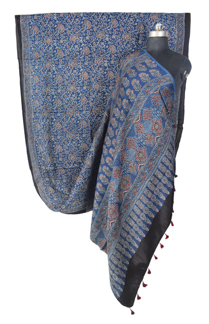 Ajrakh Modal Silk Natural Dye Hand Block Print Saree with Blouse Piece - 5.5 Mtr Length   -  SKU : MS09501B