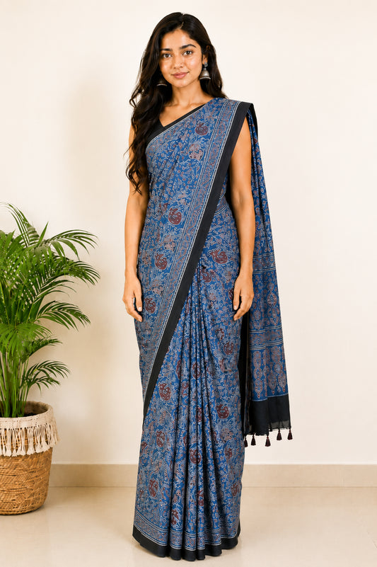 Ajrakh Modal Silk Natural Dye Hand Block Print Saree with Blouse Piece - 5.5 Mtr Length   -  SKU : SI03601E