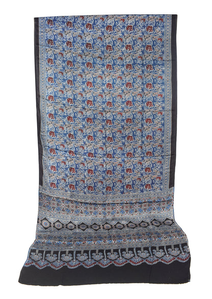 Ajrakh Modal Silk Natural Dye Hand Block Print Saree with Blouse Piece - 5.5 Mtr Length   -  SKU : SI03601E