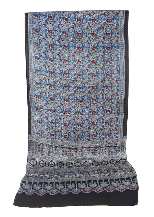 Ajrakh Modal Silk Natural Dye Hand Block Print Saree with Blouse Piece - 5.5 Mtr Length   -  SKU : SI03601E