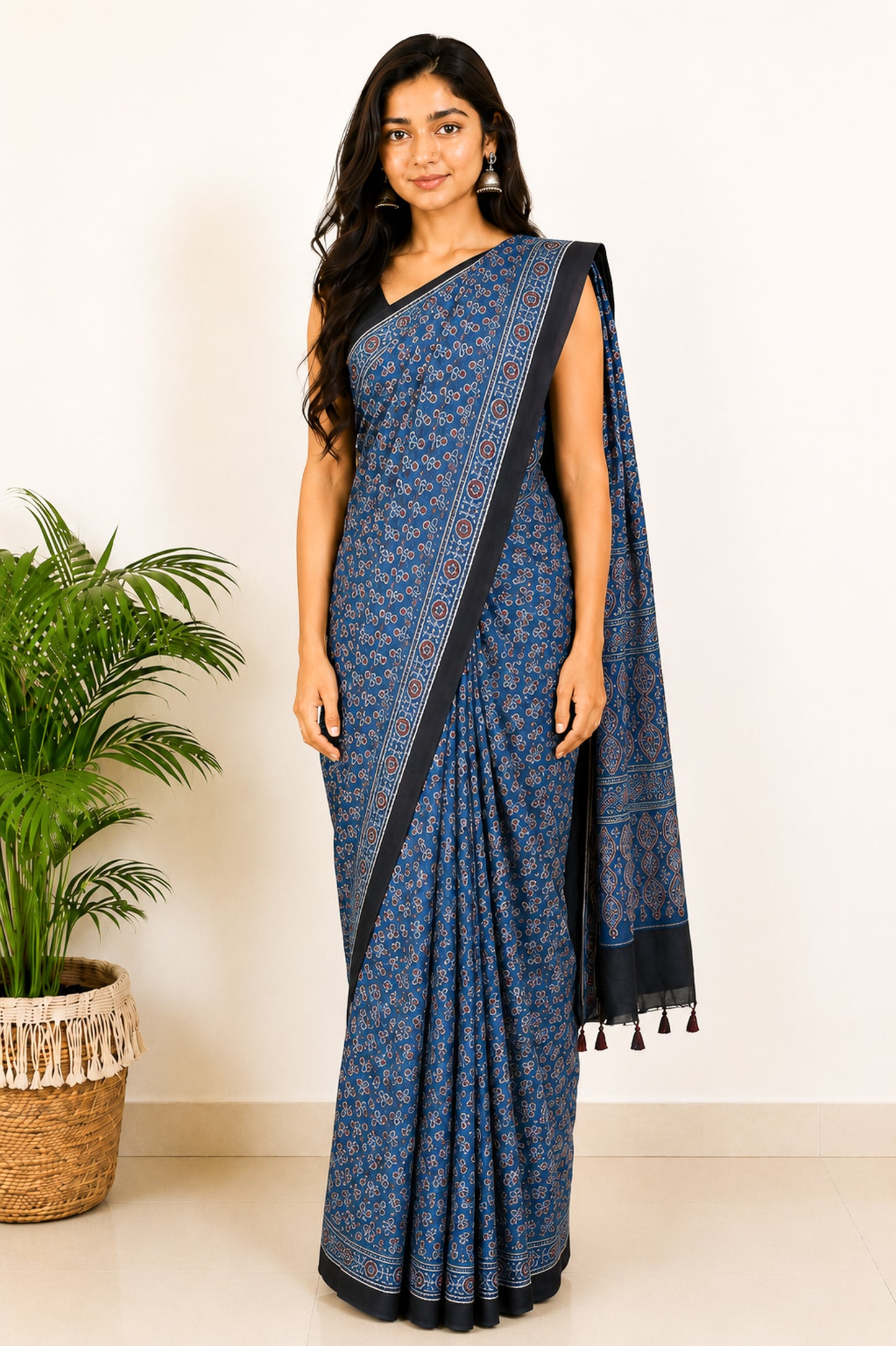 Ajrakh Modal Silk Natural Dye Hand Block Print Saree with Blouse Piece - 5.5 Mtr Length   -  SKU : SI03601O