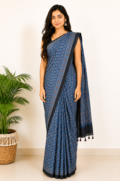 Ajrakh Modal Silk Natural Dye Hand Block Print Saree with Blouse Piece - 5.5 Mtr Length   -  SKU : SI03601O