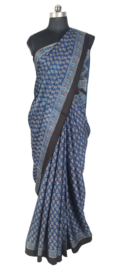 Ajrakh Modal Silk Natural Dye Hand Block Print Saree with Blouse Piece - 5.5 Mtr Length   -  SKU : SI03601O