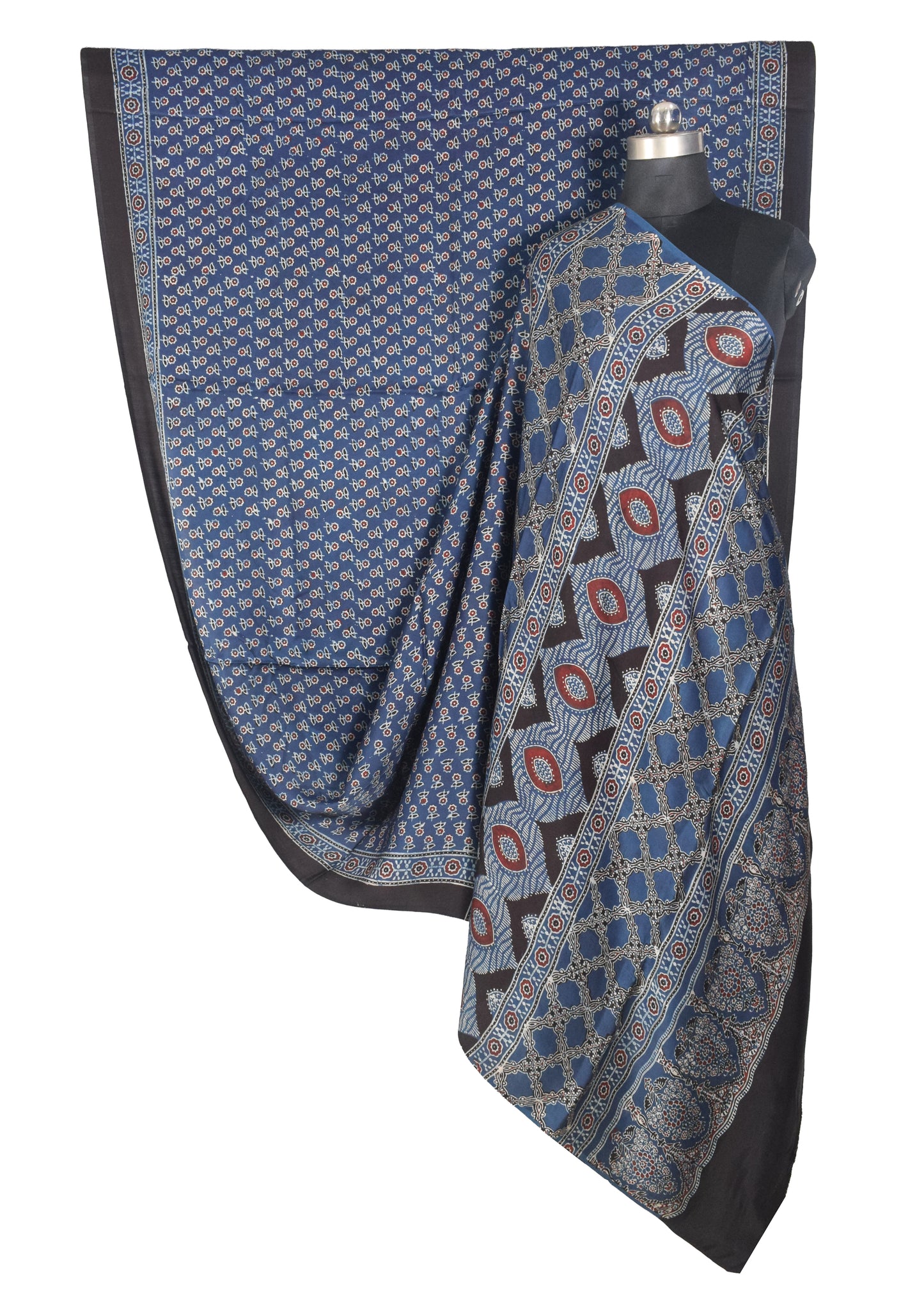 Ajrakh Modal Silk Natural Dye Hand Block Print Saree with Blouse Piece - 5.5 Mtr Length   -  SKU : SI03601O