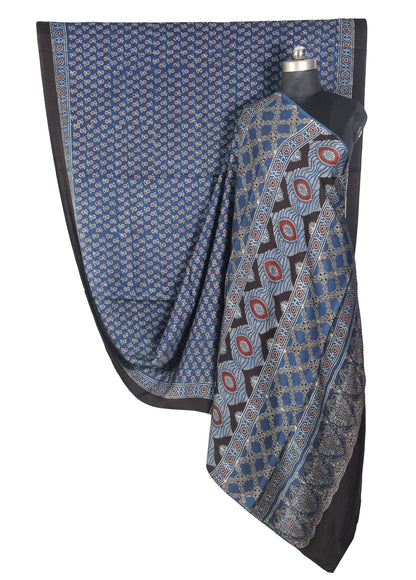 Ajrakh Modal Silk Natural Dye Hand Block Print Saree with Blouse Piece - 5.5 Mtr Length   -  SKU : SI03601O