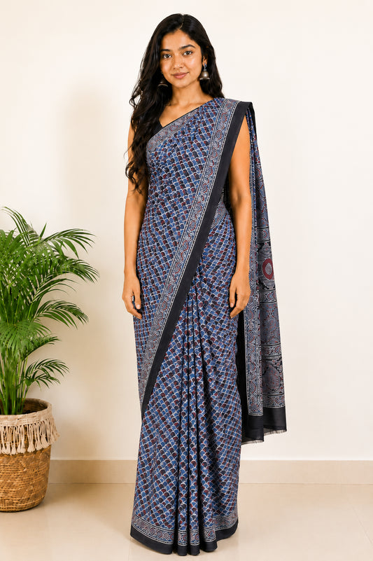 Ajrakh Modal Silk Natural Dye Hand Block Print Saree with Blouse Piece - 5.5 Mtr Length   -  SKU : SI03601P