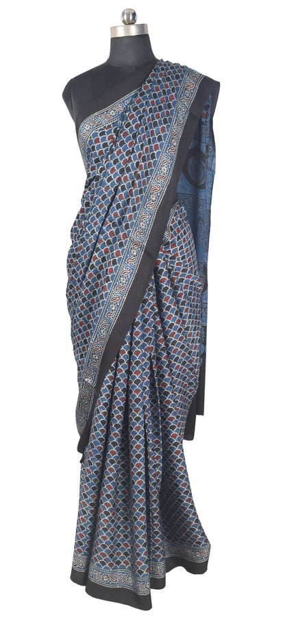 Ajrakh Modal Silk Natural Dye Hand Block Print Saree with Blouse Piece - 5.5 Mtr Length   -  SKU : SI03601P