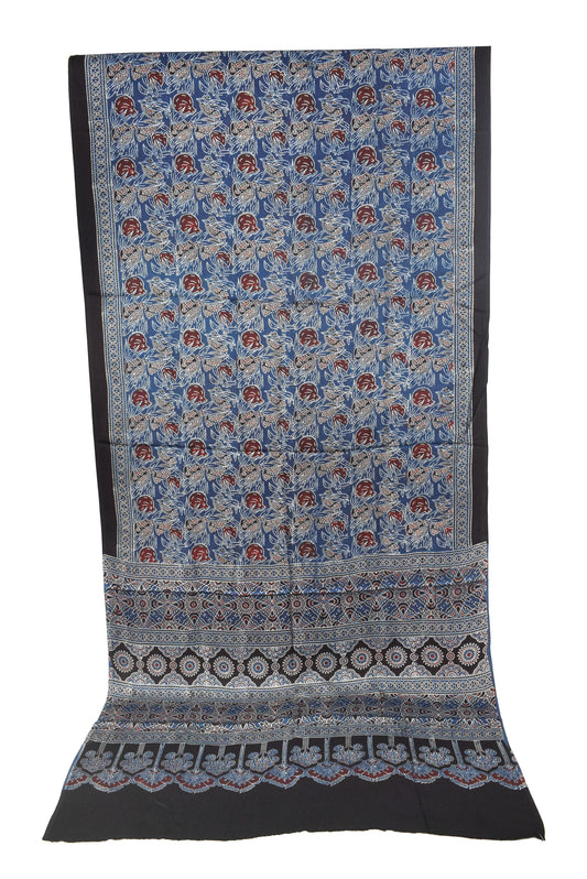 Ajrakh Modal Silk Natural Dye Hand Block Print Saree with Blouse Piece - 5.5 Mtr Length   -  SKU : SI03601S