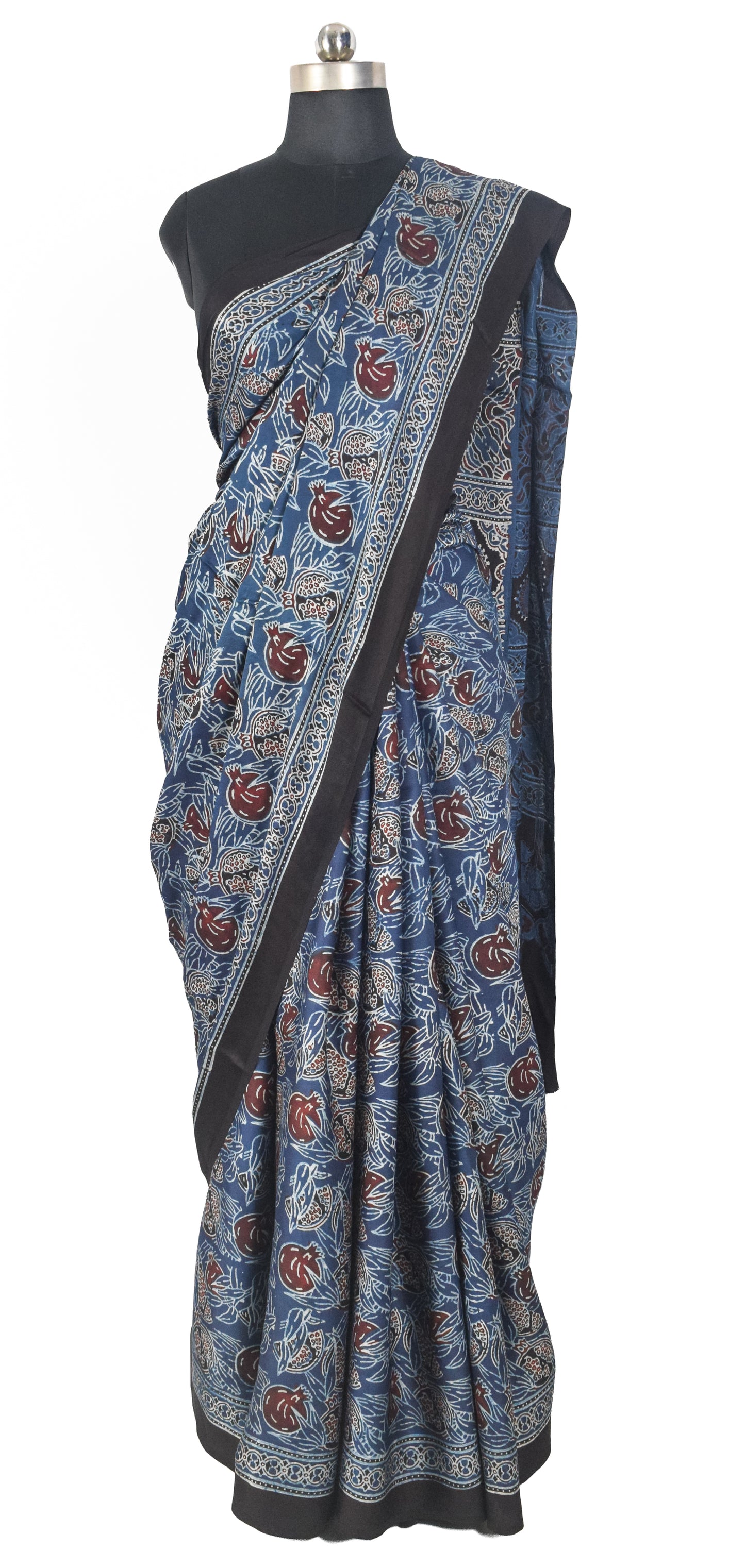 Ajrakh Modal Silk Natural Dye Hand Block Print Saree with Blouse Piece - 5.5 Mtr Length   -  SKU : SI03601S