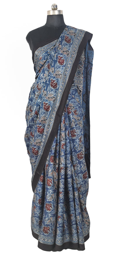 Ajrakh Modal Silk Natural Dye Hand Block Print Saree with Blouse Piece - 5.5 Mtr Length   -  SKU : SI03601S