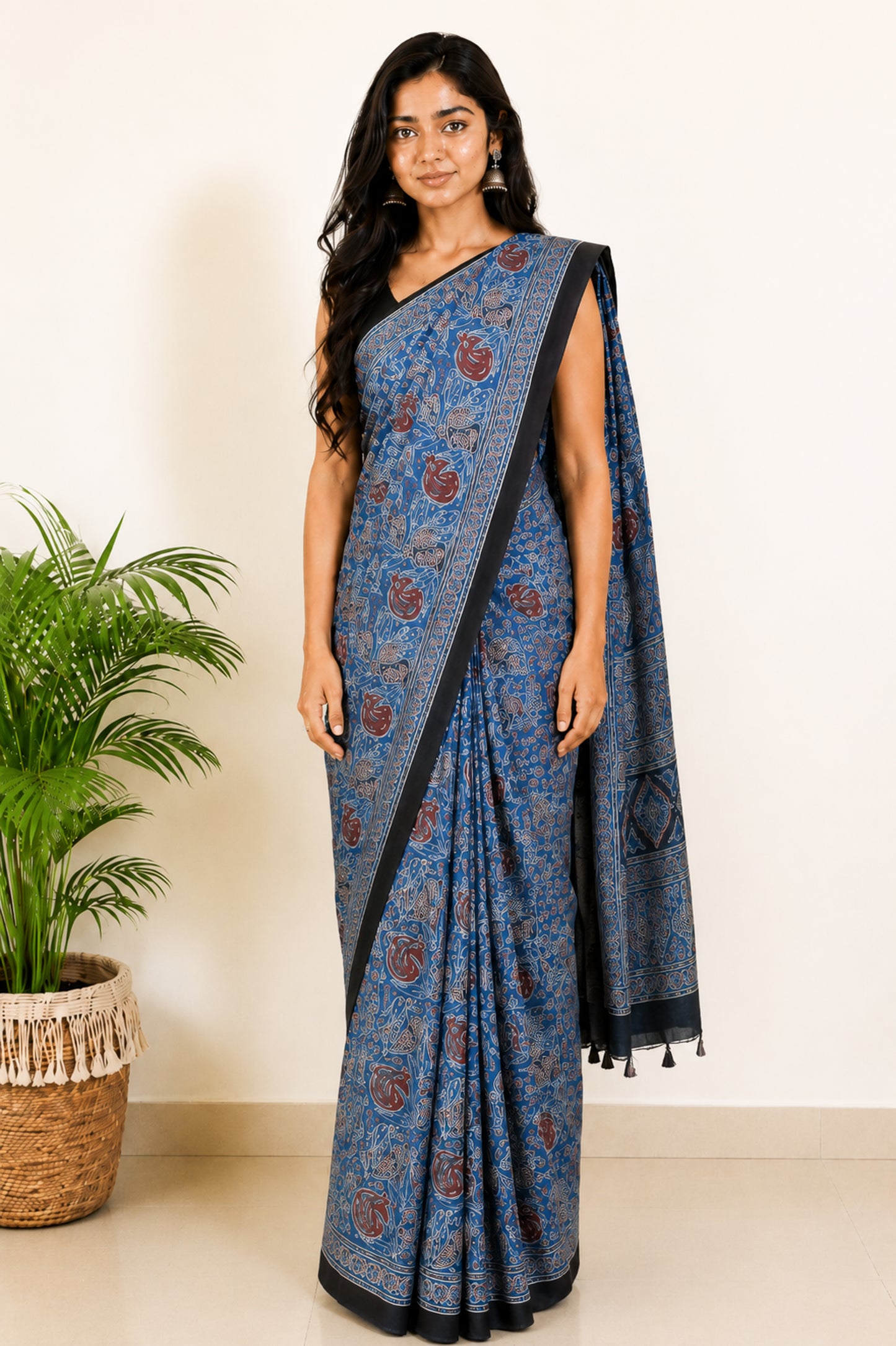 Ajrakh Modal Silk Natural Dye Hand Block Print Saree with Blouse Piece - 5.5 Mtr Length   -  SKU : SI03601S