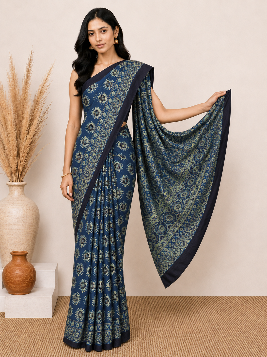 Ajrakh Modal Silk Natural Dye Hand Block Print Saree with Blouse Piece - 5.5 Mtr Length    -  SKU : EK23301A