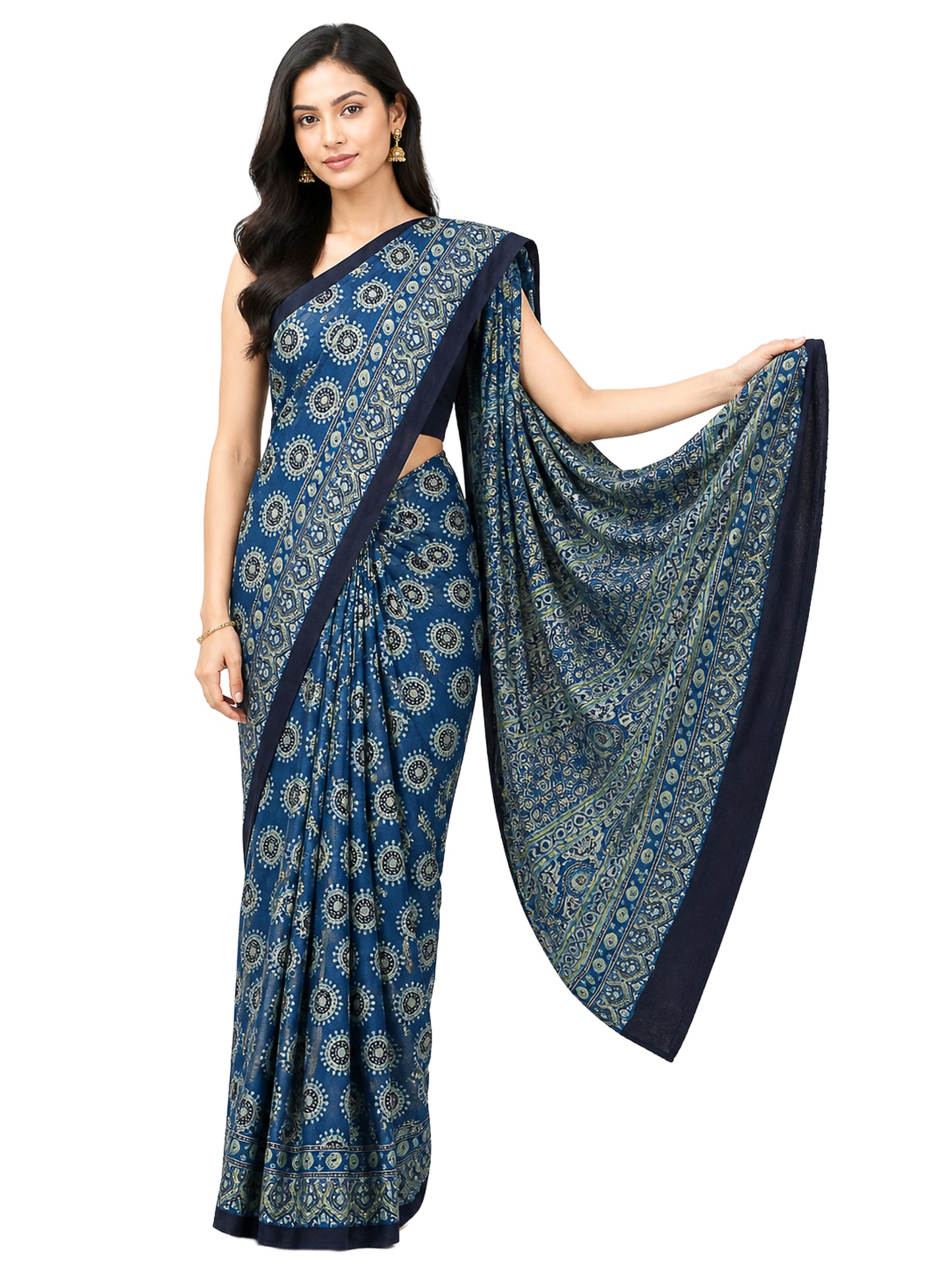 Ajrakh Modal Silk Natural Dye Hand Block Print Saree with Blouse Piece - 5.5 Mtr Length    -  SKU : EK23301A