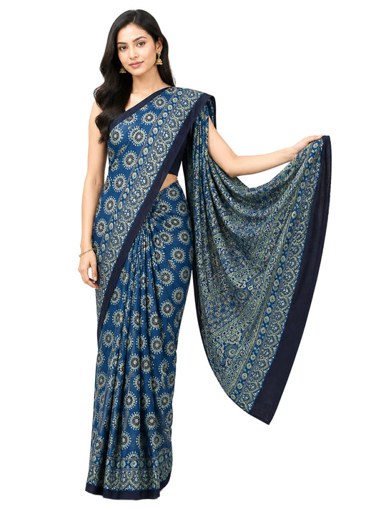 Ajrakh Modal Silk Natural Dye Hand Block Print Saree with Blouse Piece - 5.5 Mtr Length    -  SKU : EK23301A