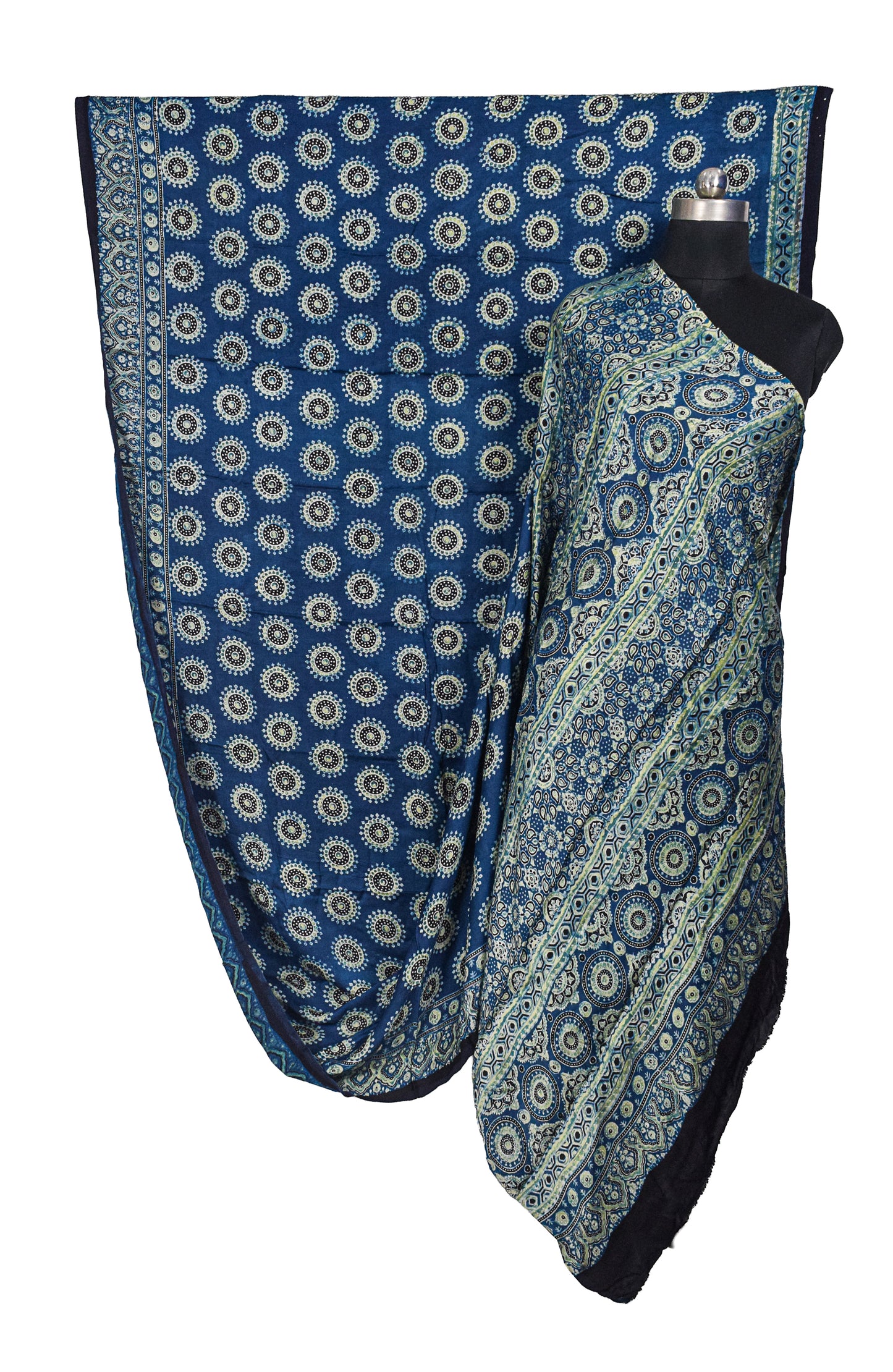 Ajrakh Modal Silk Natural Dye Hand Block Print Saree with Blouse Piece - 5.5 Mtr Length    -  SKU : EK23301A