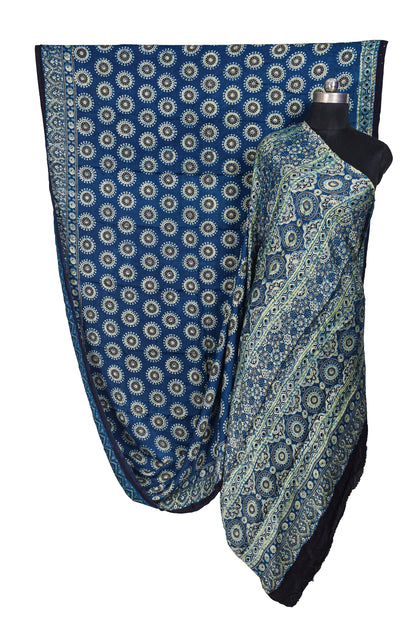Ajrakh Modal Silk Natural Dye Hand Block Print Saree with Blouse Piece - 5.5 Mtr Length    -  SKU : EK23301A