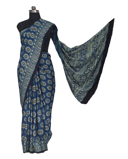 Ajrakh Modal Silk Natural Dye Hand Block Print Saree with Blouse Piece - 5.5 Mtr Length    -  SKU : EK23301A