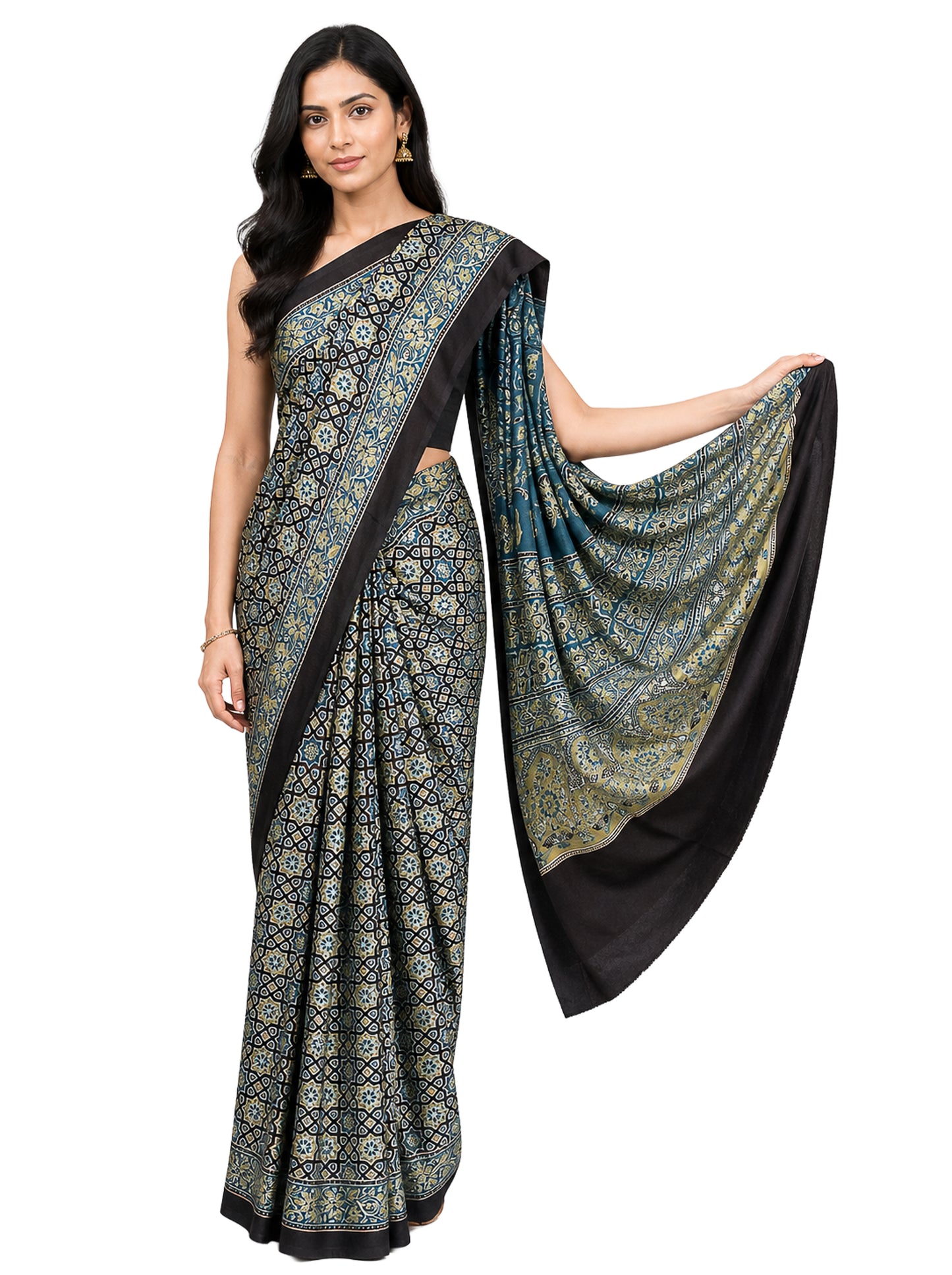 Ajrakh Modal Silk Natural Dye Hand Block Print Saree 5.5 Mtr Length + 0.85 Mtr Blouse Piece    -  SKU : ID24601D