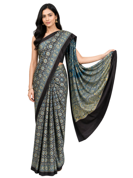 Ajrakh Modal Silk Natural Dye Hand Block Print Saree 5.5 Mtr Length + 0.85 Mtr Blouse Piece    -  SKU : ID24601D