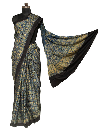 Ajrakh Modal Silk Natural Dye Hand Block Print Saree with Blouse Piece - 6 Mtr Length    -  SKU : ID24601D