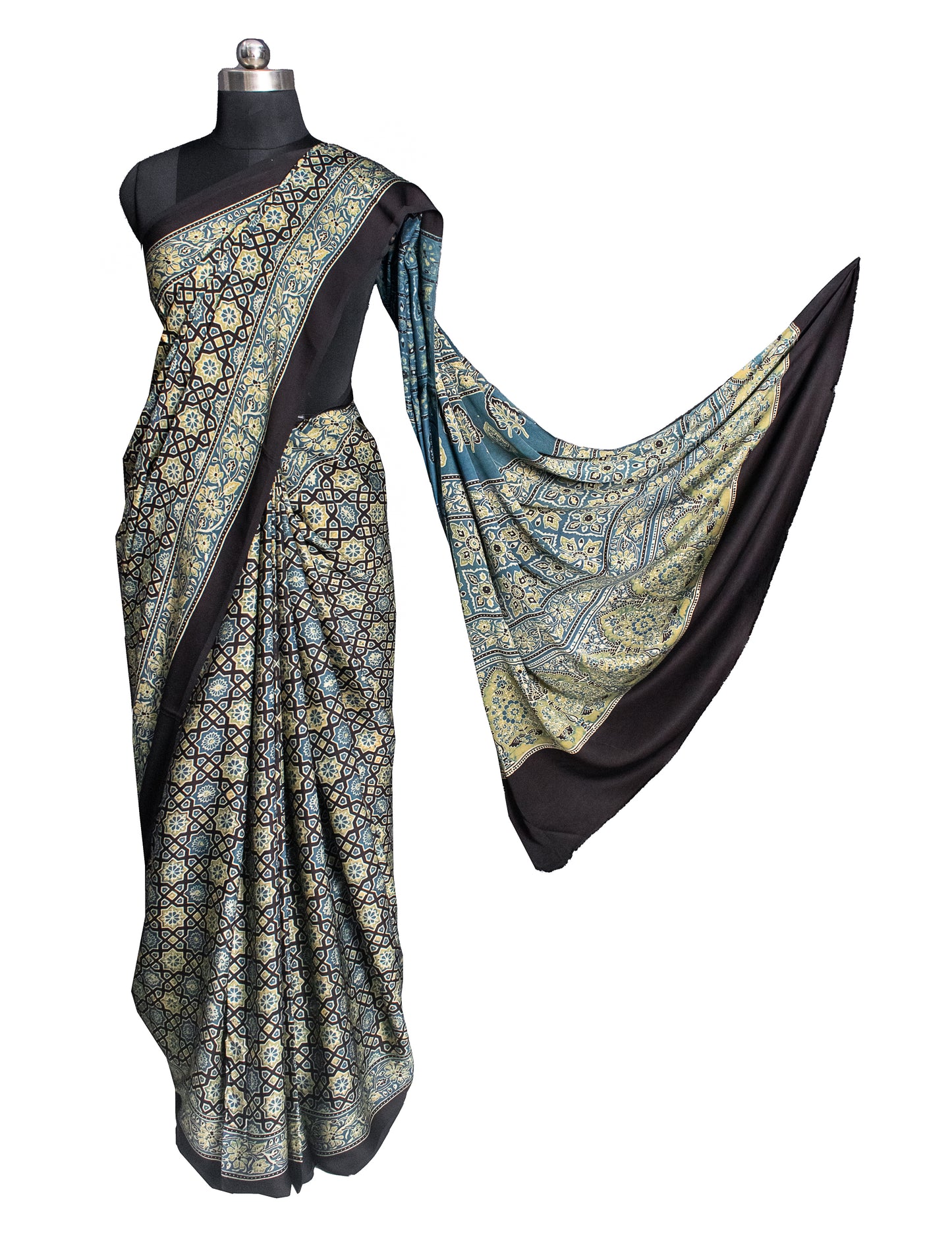 Ajrakh Modal Silk Natural Dye Hand Block Print Saree 5.5 Mtr Length + 0.85 Mtr Blouse Piece    -  SKU : ID24601D