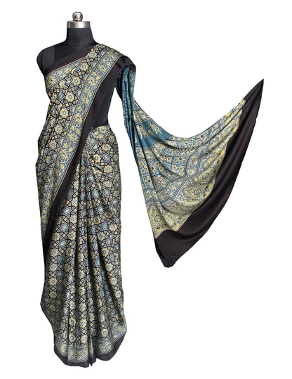 Ajrakh Modal Silk Natural Dye Hand Block Print Saree 5.5 Mtr Length + 0.85 Mtr Blouse Piece    -  SKU : ID24601D