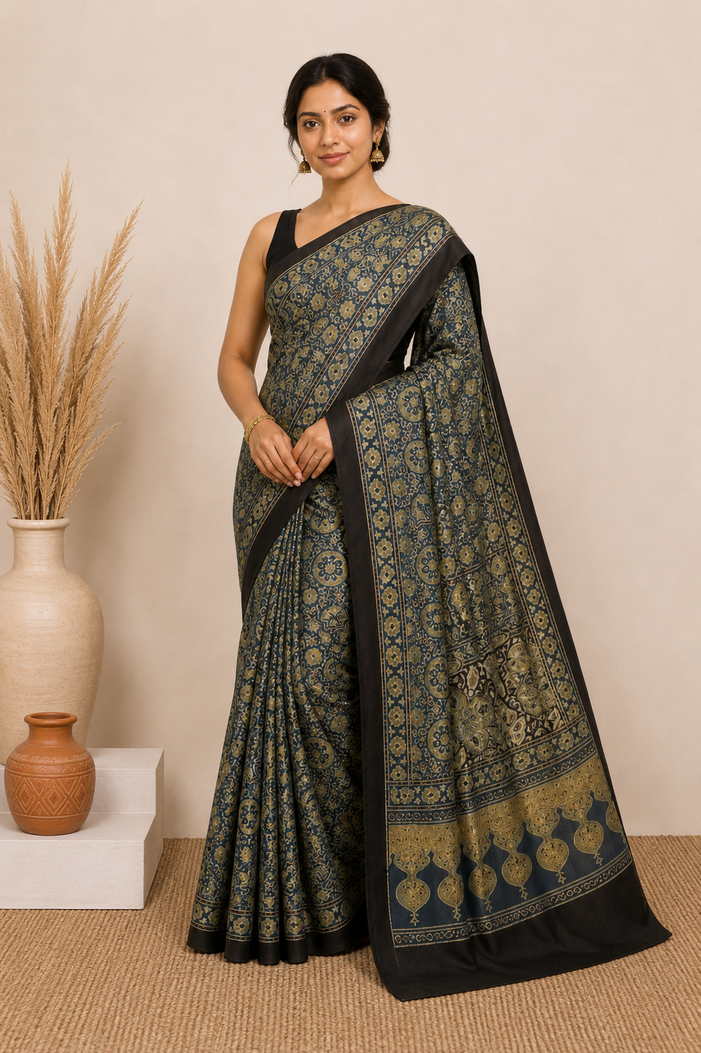 Ajrakh Modal Silk Natural Dye Hand Block Print Saree 5.5 Mtr Length + 0.85 Mtr Blouse Piece    -  SKU : ID24601J