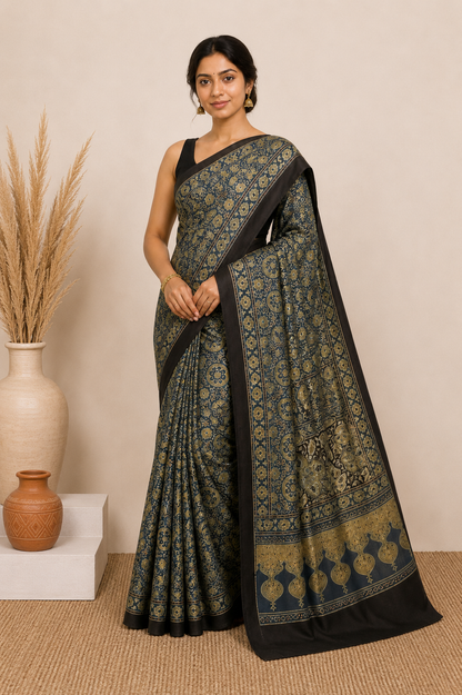 Ajrakh Modal Silk Natural Dye Hand Block Print Saree 5.5 Mtr Length + 0.85 Mtr Blouse Piece    -  SKU : ID24601J