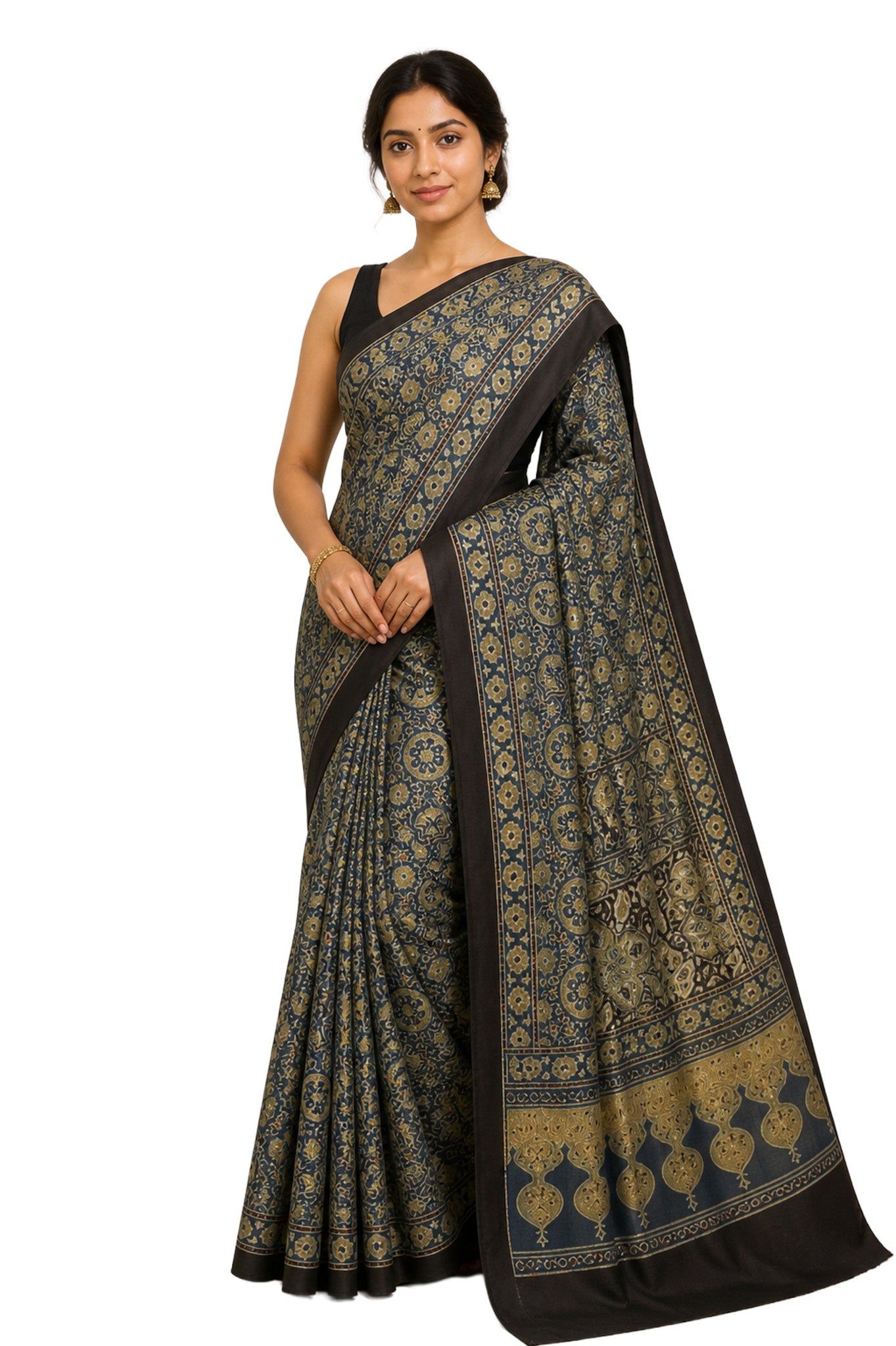 Ajrakh Modal Silk Natural Dye Hand Block Print Saree 5.5 Mtr Length + 0.85 Mtr Blouse Piece    -  SKU : ID24601J