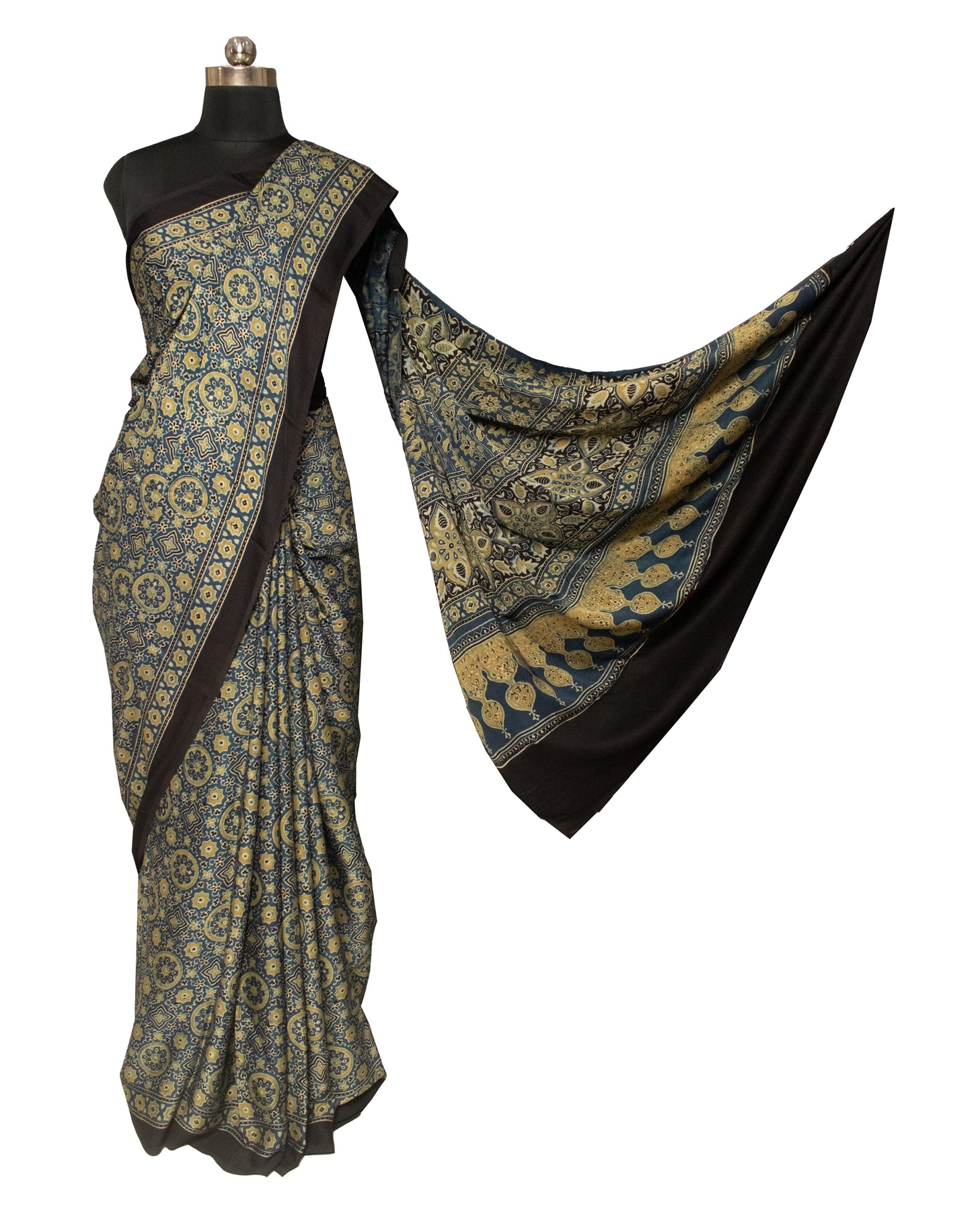 Ajrakh Modal Silk Natural Dye Hand Block Print Saree 5.5 Mtr Length + 0.85 Mtr Blouse Piece    -  SKU : ID24601J