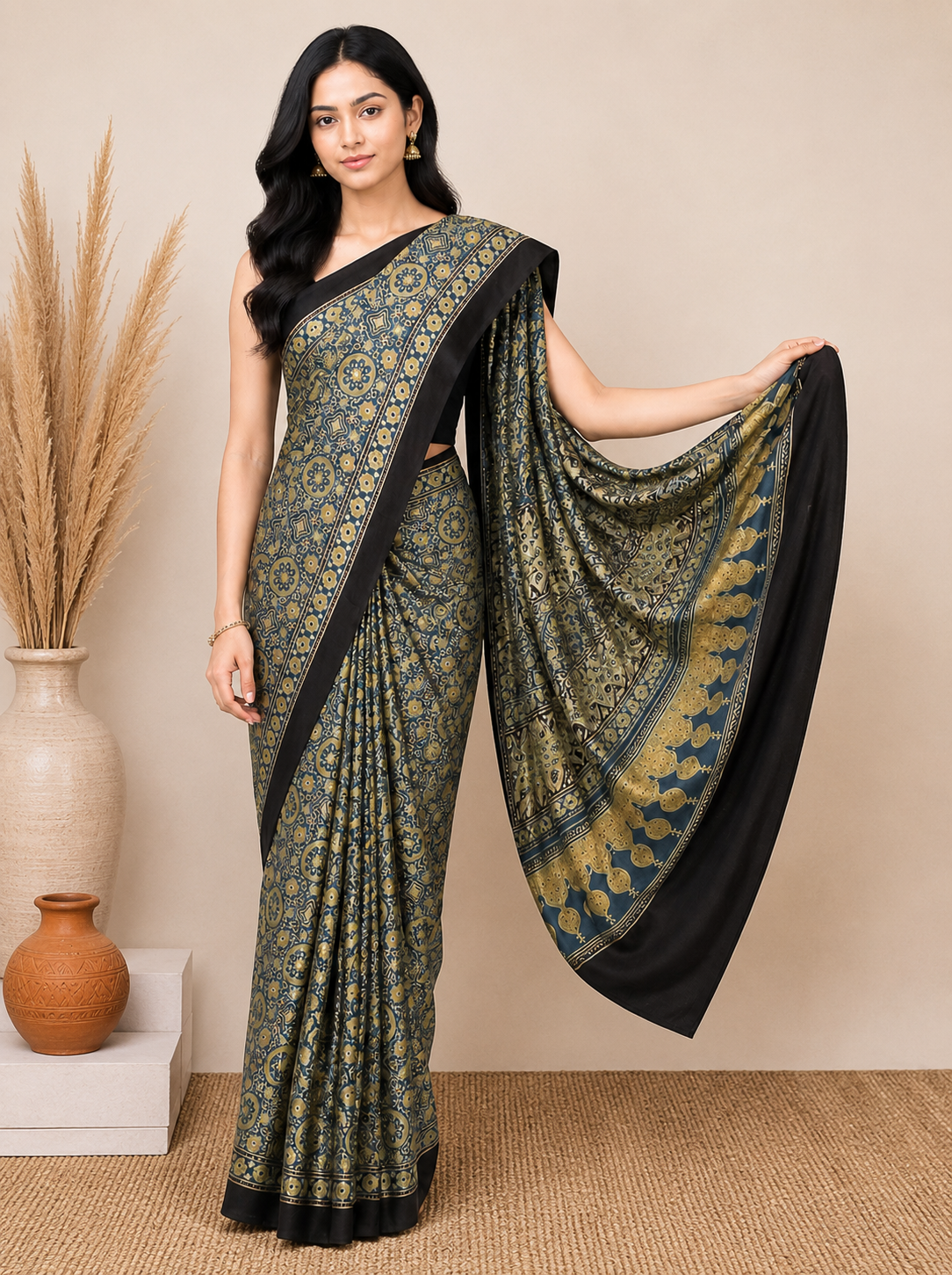 Ajrakh Modal Silk Natural Dye Hand Block Print Saree 5.5 Mtr Length + 0.85 Mtr Blouse Piece    -  SKU : ID24601P