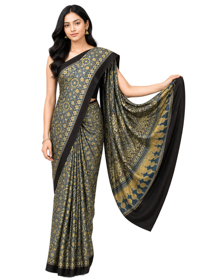 Ajrakh Modal Silk Natural Dye Hand Block Print Saree 5.5 Mtr Length + 0.85 Mtr Blouse Piece    -  SKU : ID24601P