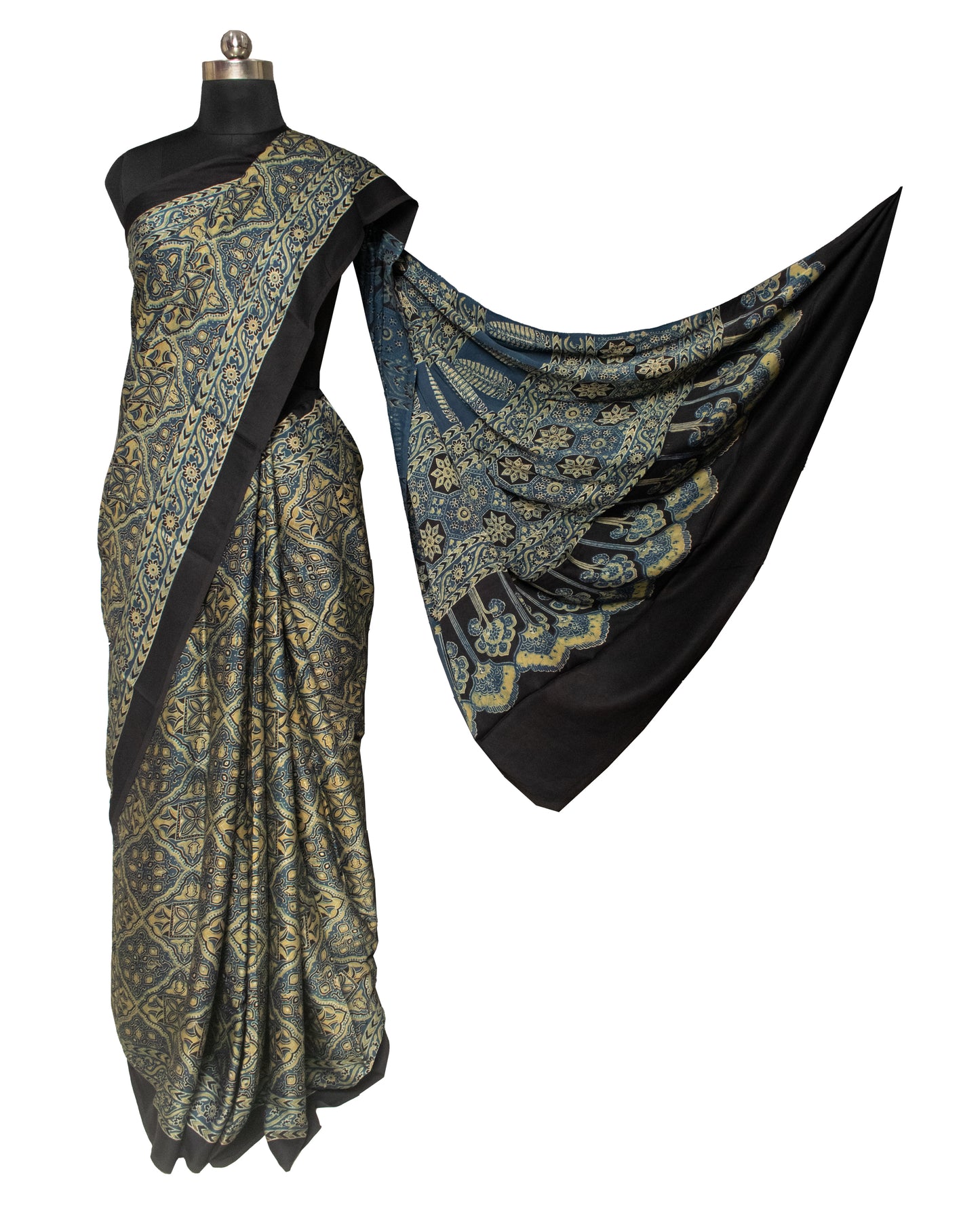 Ajrakh Modal Silk Natural Dye Hand Block Print Saree with Blouse Piece - 6 Mtr Length    -  SKU : ID24601P