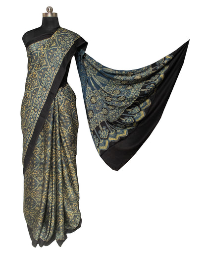 Ajrakh Modal Silk Natural Dye Hand Block Print Saree with Blouse Piece - 6 Mtr Length    -  SKU : ID24601P