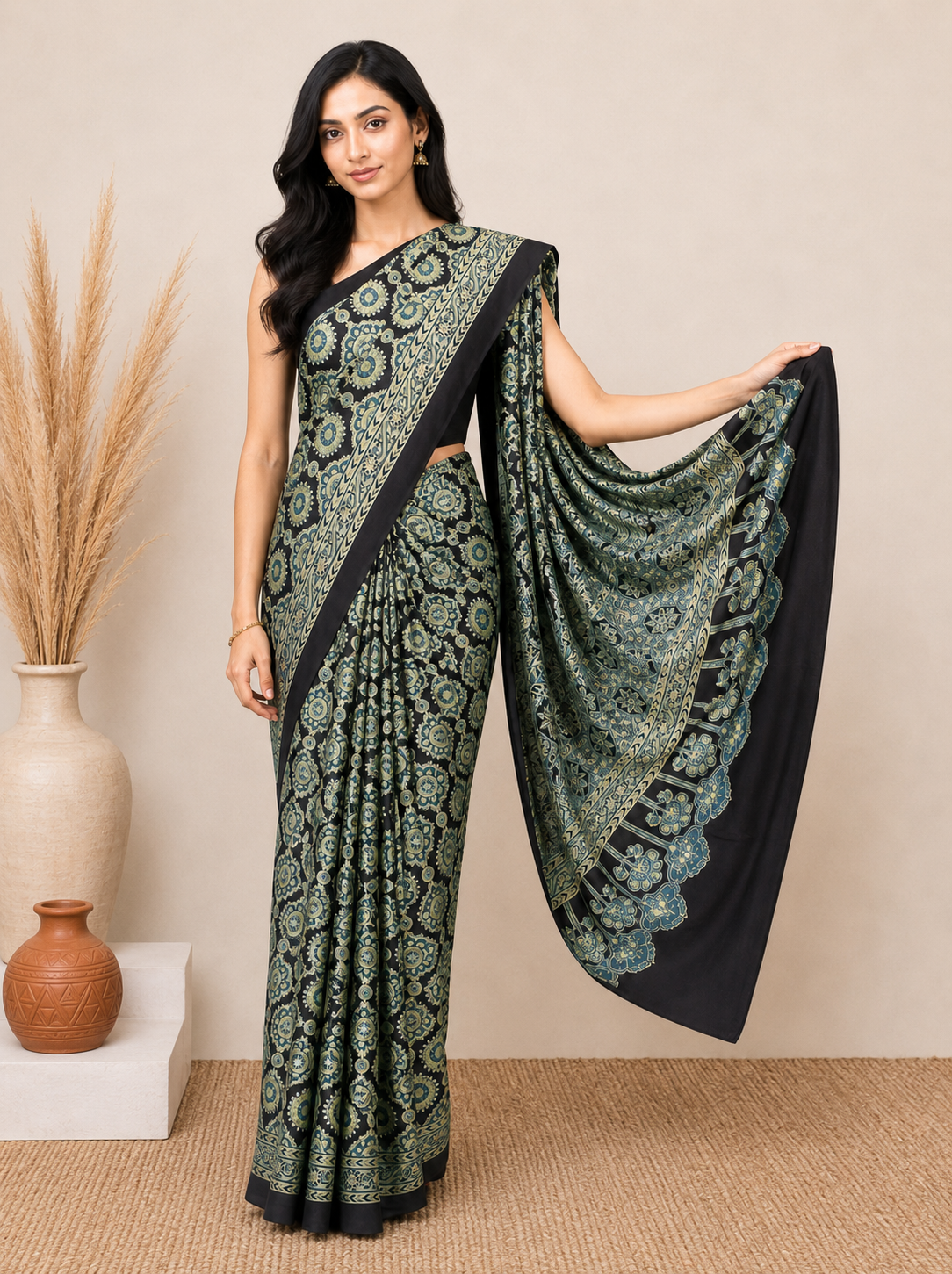 Ajrakh Modal Silk Natural Dye Hand Block Print Saree 5.5 Mtr Length + 0.85 Mtr Blouse Piece    -  SKU : ID2460AB