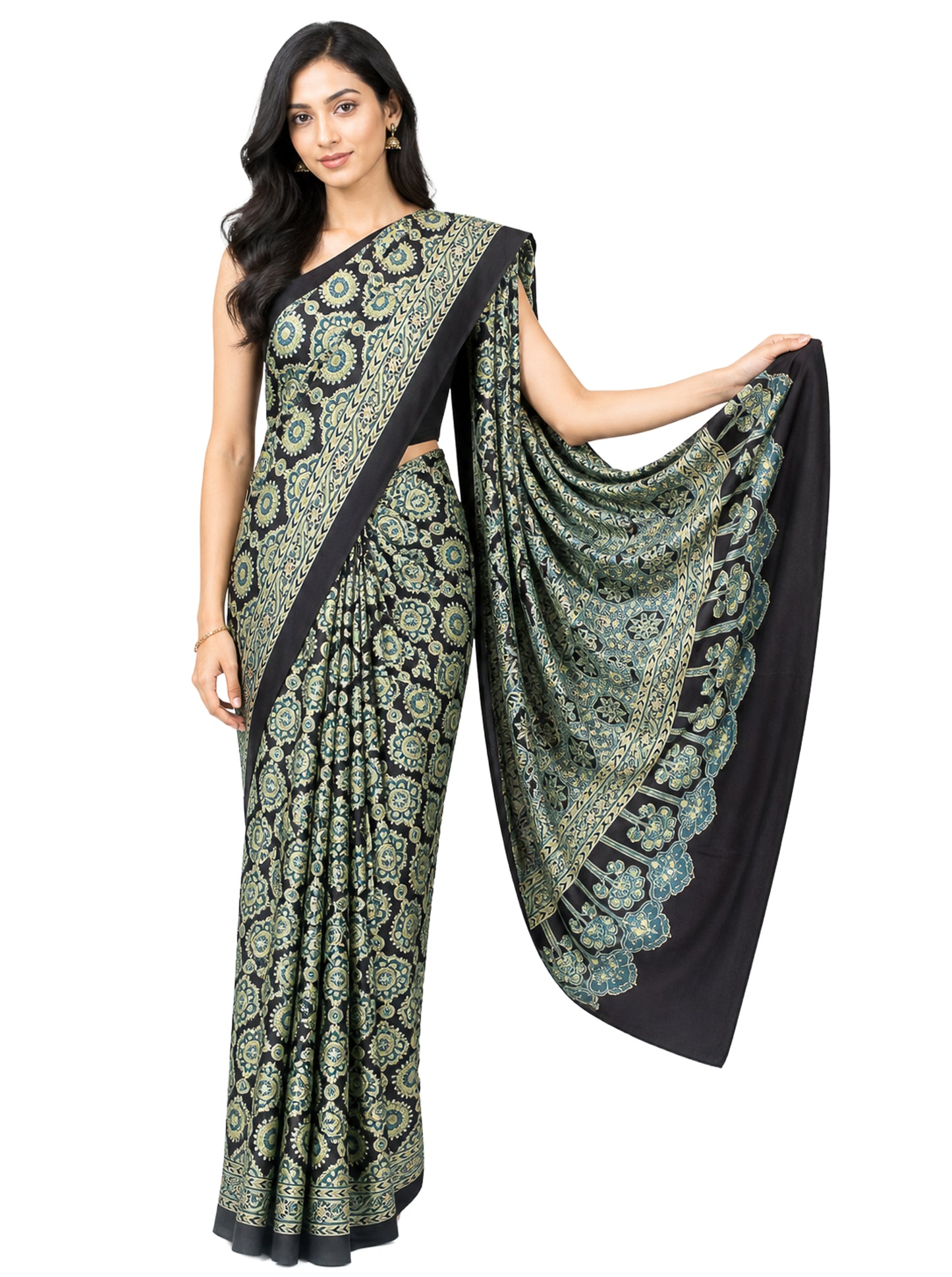 Ajrakh Modal Silk Natural Dye Hand Block Print Saree 5.5 Mtr Length + 0.85 Mtr Blouse Piece    -  SKU : ID2460AB