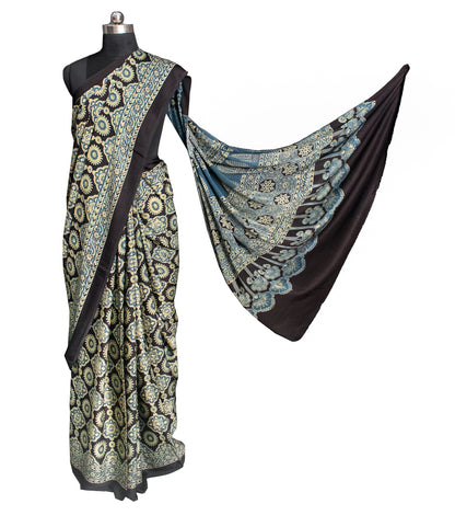 Ajrakh Modal Silk Natural Dye Hand Block Print Saree 5.5 Mtr Length + 0.85 Mtr Blouse Piece    -  SKU : ID2460AB