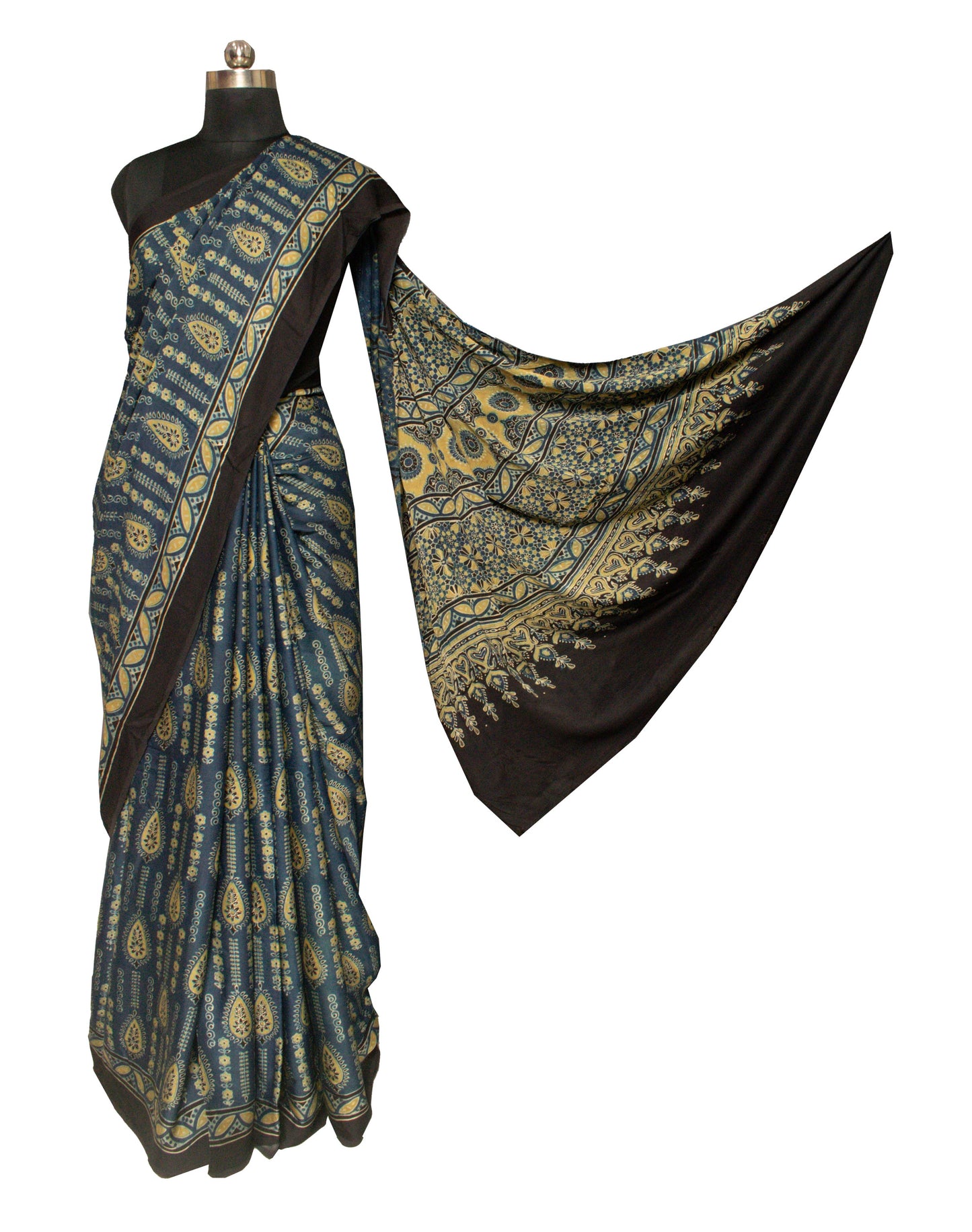 Ajrakh Modal Silk Natural Dye Hand Block Print Saree with Blouse Piece - 6 Mtr Length    -  SKU : ID2460AH