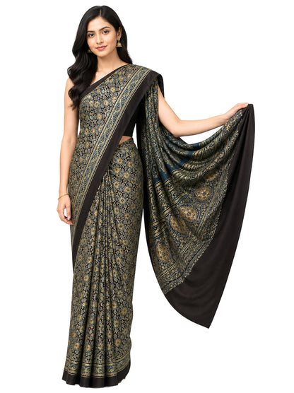 Ajrakh Modal Silk Natural Dye Hand Block Print Saree 5.5 Mtr Length + 0.85 Mtr Blouse Piece    -  SKU : ID2460AN