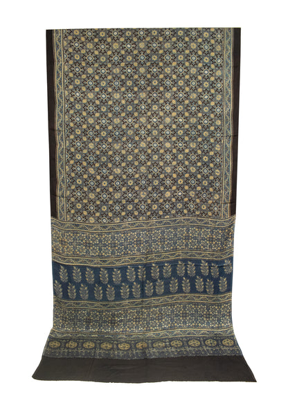 Ajrakh Modal Silk Natural Dye Hand Block Print Saree 5.5 Mtr Length + 0.85 Mtr Blouse Piece    -  SKU : ID2460AN