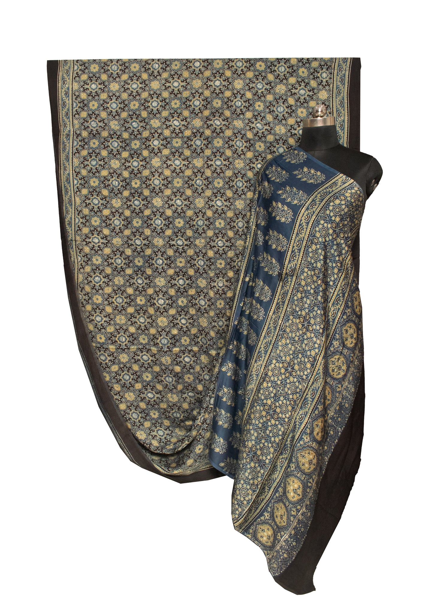 Ajrakh Modal Silk Natural Dye Hand Block Print Saree 5.5 Mtr Length + 0.85 Mtr Blouse Piece    -  SKU : ID2460AN