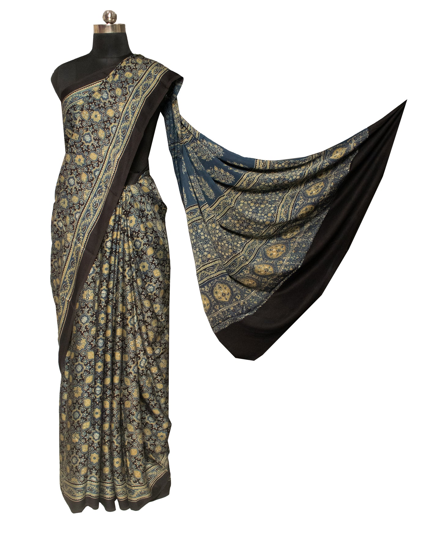 Ajrakh Modal Silk Natural Dye Hand Block Print Saree 5.5 Mtr Length + 0.85 Mtr Blouse Piece    -  SKU : ID2460AN