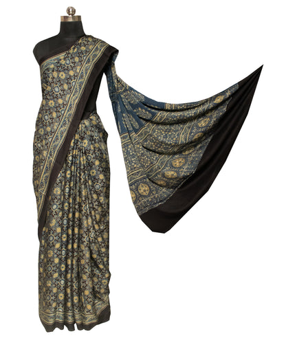 Ajrakh Modal Silk Natural Dye Hand Block Print Saree 5.5 Mtr Length + 0.85 Mtr Blouse Piece    -  SKU : ID2460AN