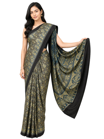 Ajrakh Modal Silk Natural Dye Hand Block Print Saree 5.5 Mtr Length + 0.85 Mtr Blouse Piece    -  SKU : ID2460AT